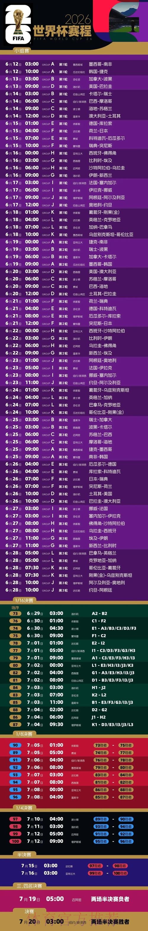 2026世界杯每日赛程一览最新时间表在哪里看